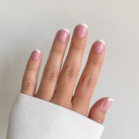 Blush Arc short square french tip pink and white press-on nails by Matchy Nails