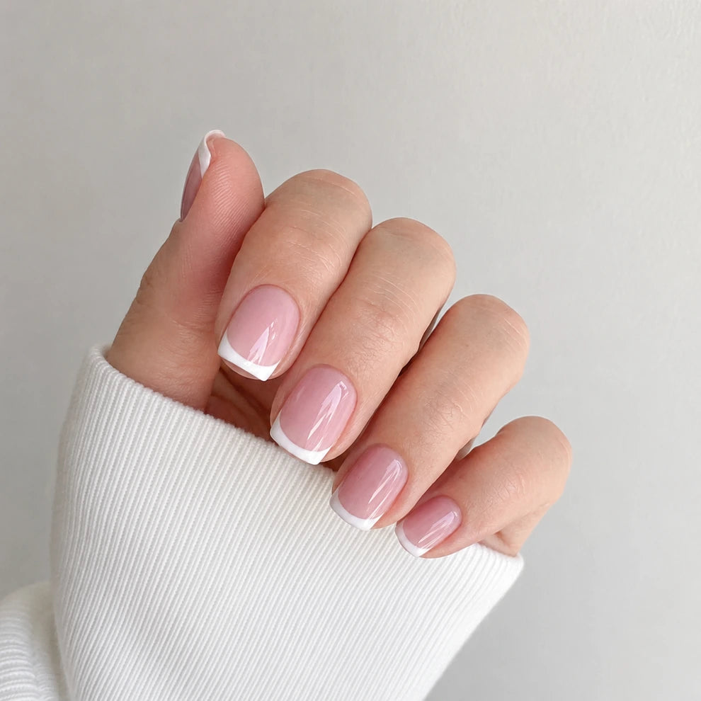 Blush Arc short square french tip pink and white press-on nails by Matchy Nails