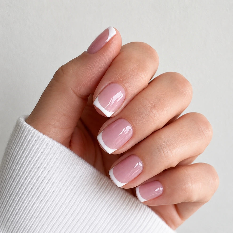Blush Arc short square french tip pink and white press-on nails by Matchy Nails