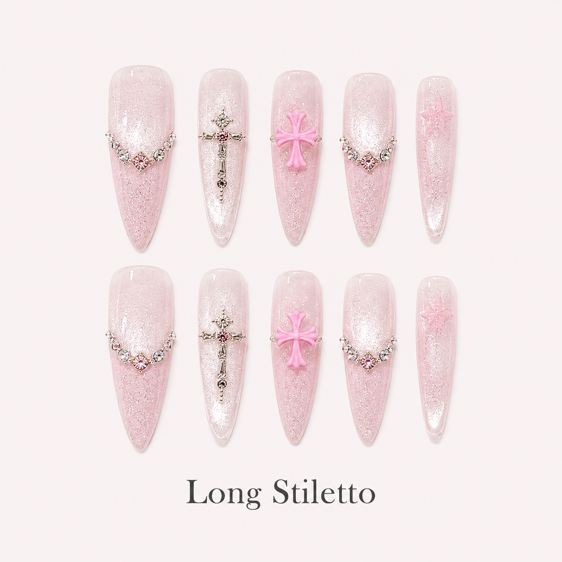Blush Benediction Long Stiletto handmade press-on nails with blush cat-eye shimmer, chains and crystal crosses