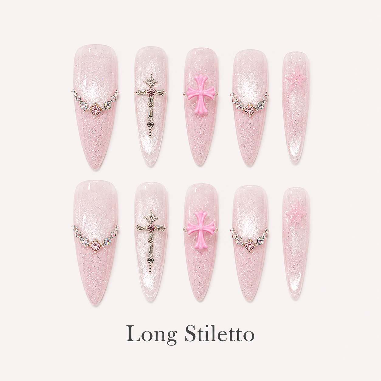 Blush Benediction Long Stiletto handmade press-on nails with blush cat-eye shimmer, chains and crystal crosses