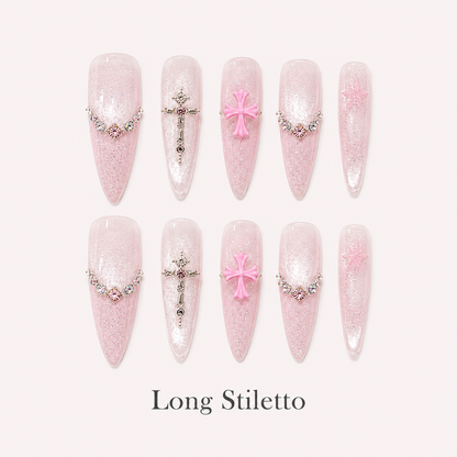 Blush Benediction Long Stiletto handmade press-on nails with blush cat-eye shimmer, chains and crystal crosses