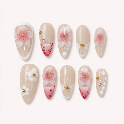 Blush Floralia medium almond floral press-on nails product display