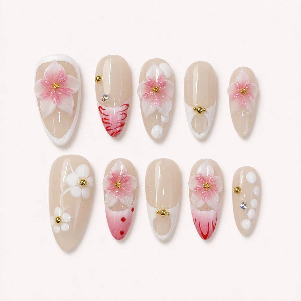 Blush Floralia medium almond floral press-on nails product display