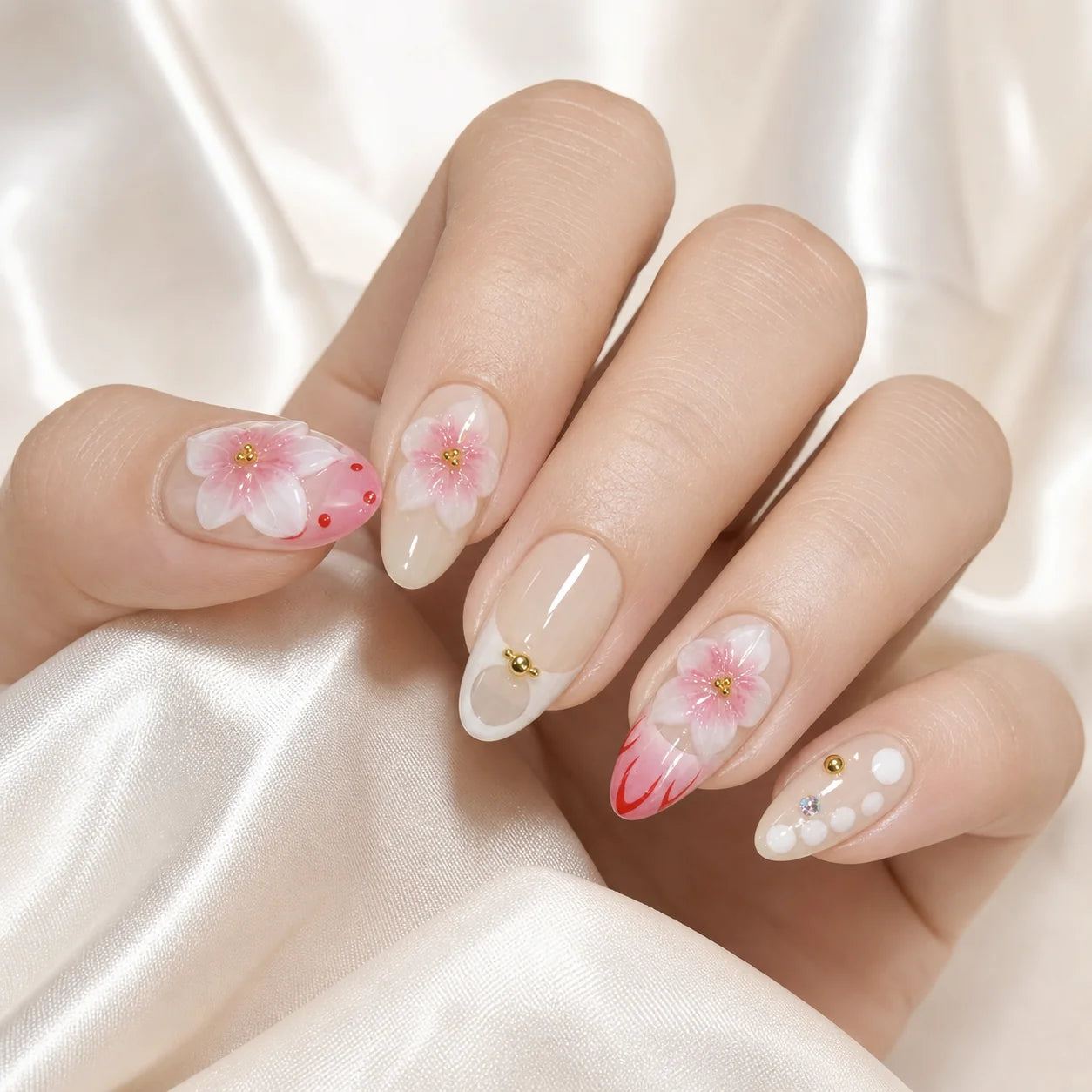 Blush Floralia medium almond floral press-on nails on one resting hand, new option