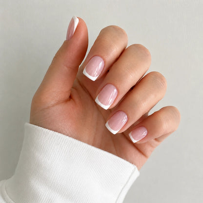 Blush Frame short square french tip pink and white press-on nails by Matchy Nails