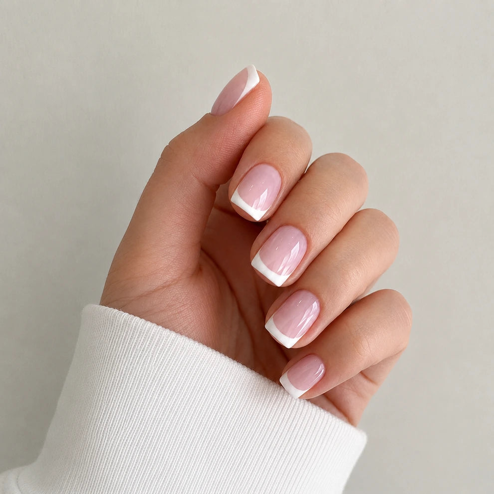 Blush Frame short square french tip pink and white press-on nails by Matchy Nails