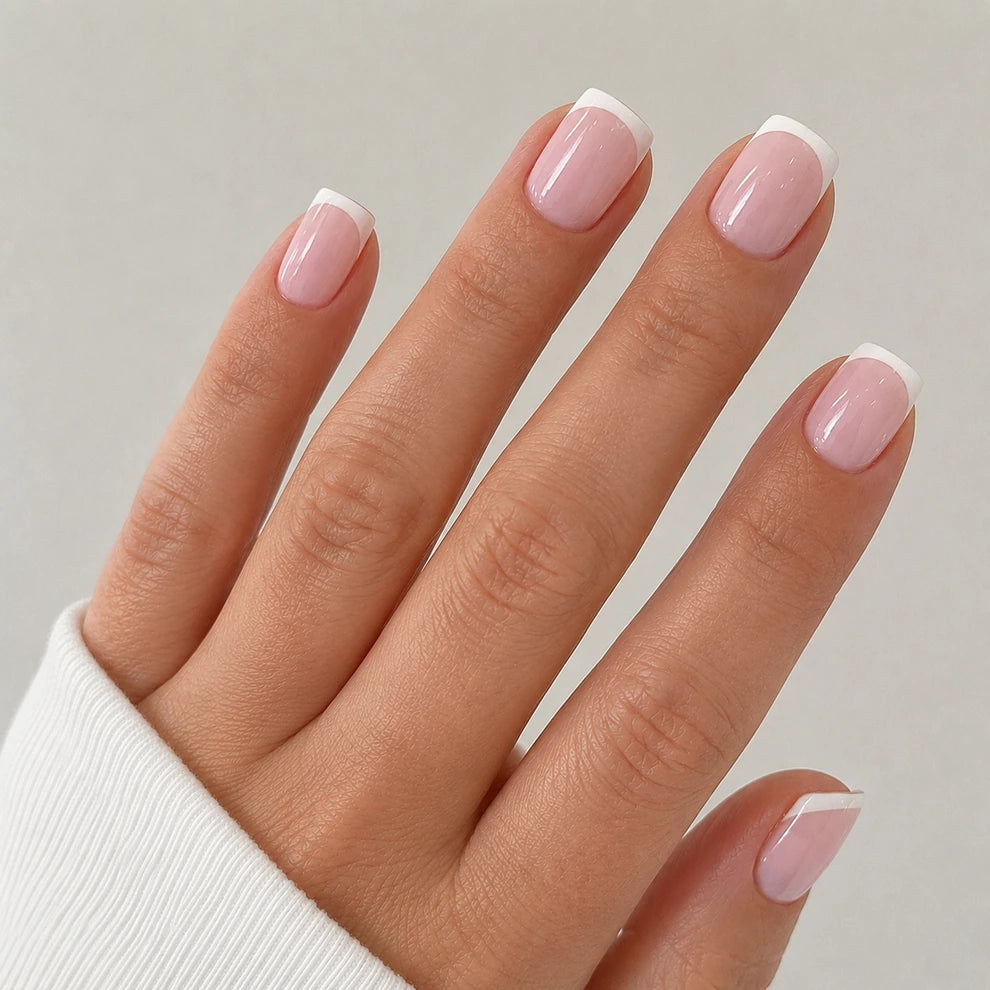 Blush Frame short square french tip pink and white press-on nails by Matchy Nails