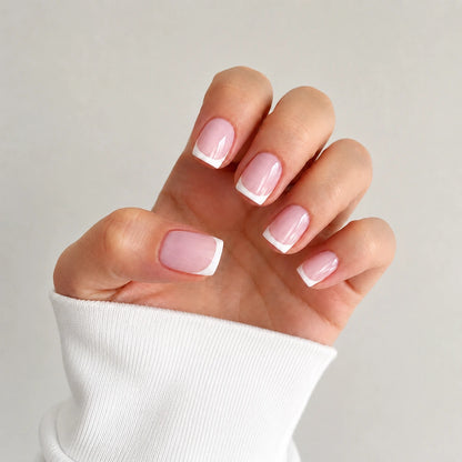 Blush Frame short square french tip pink and white press-on nails by Matchy Nails