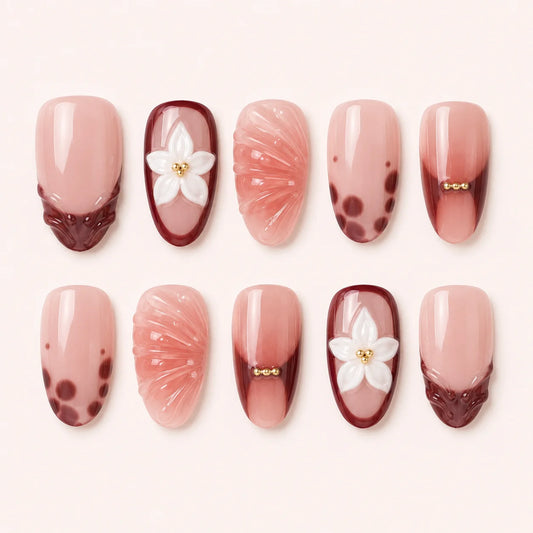 Cassis Corsage wine red floral medium almond press-on nails product display