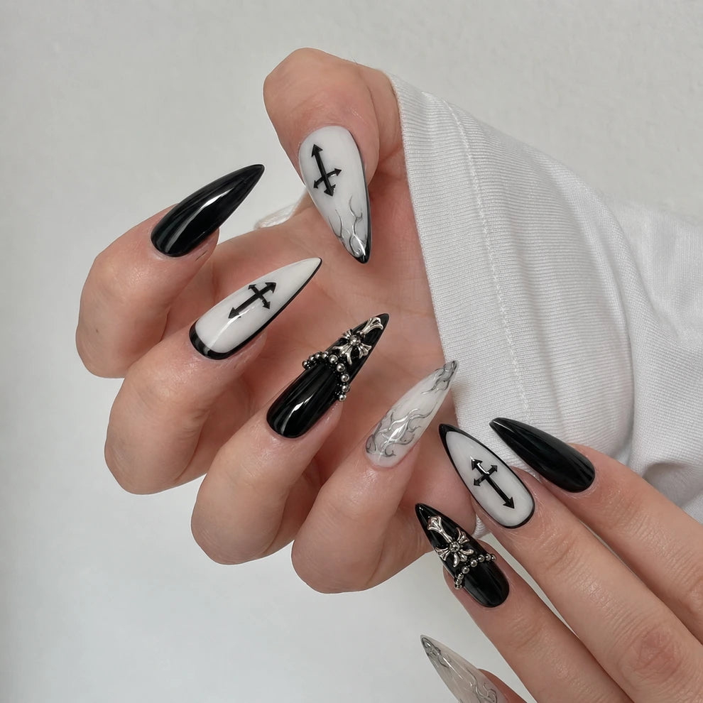 Cathedral Noir long stiletto french tip 3D black silver and white press-on nails by Matchy Nails