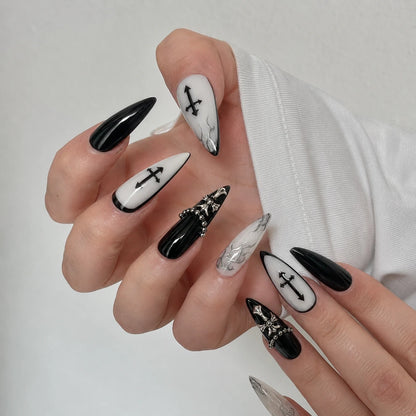Cathedral Noir long stiletto french tip 3D black silver and white press-on nails by Matchy Nails