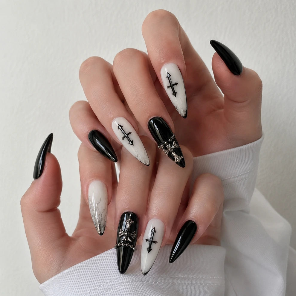 Cathedral Noir long stiletto french tip 3D black silver and white press-on nails by Matchy Nails