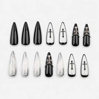 Cathedral Noir long stiletto french tip 3D black silver and white press-on nails by Matchy Nails