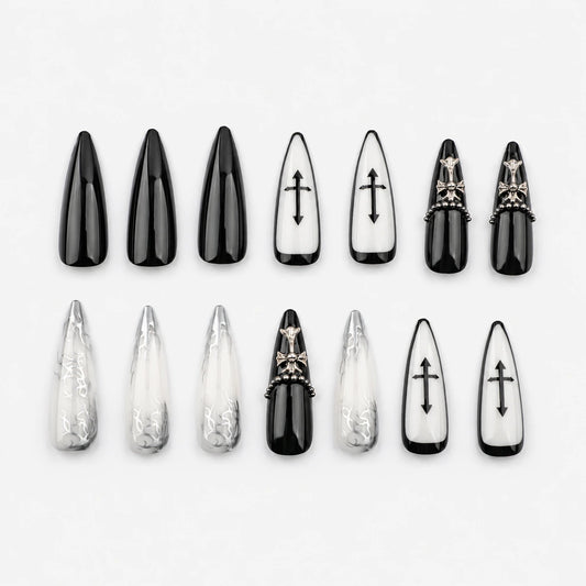 Cathedral Noir long stiletto french tip 3D black silver and white press-on nails by Matchy Nails