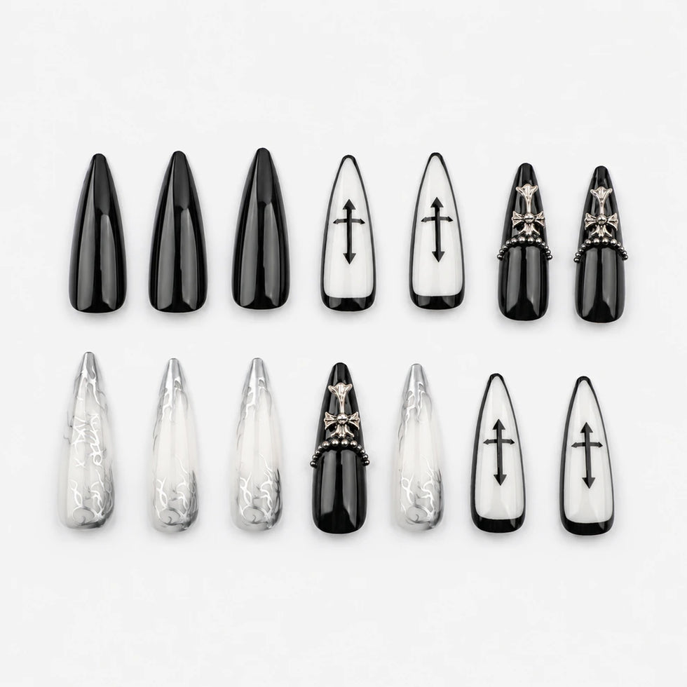 Cathedral Noir long stiletto french tip 3D black silver and white press-on nails by Matchy Nails