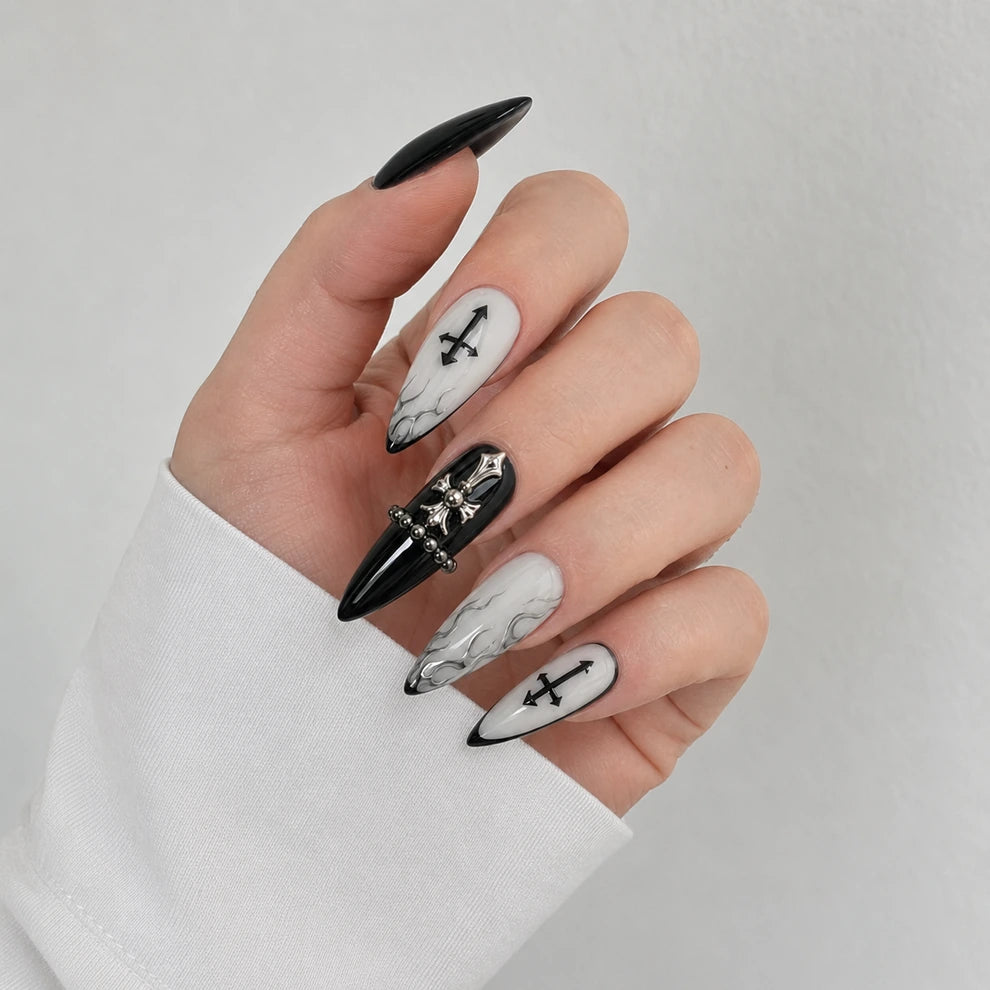 Cathedral Noir long stiletto french tip 3D black silver and white press-on nails by Matchy Nails
