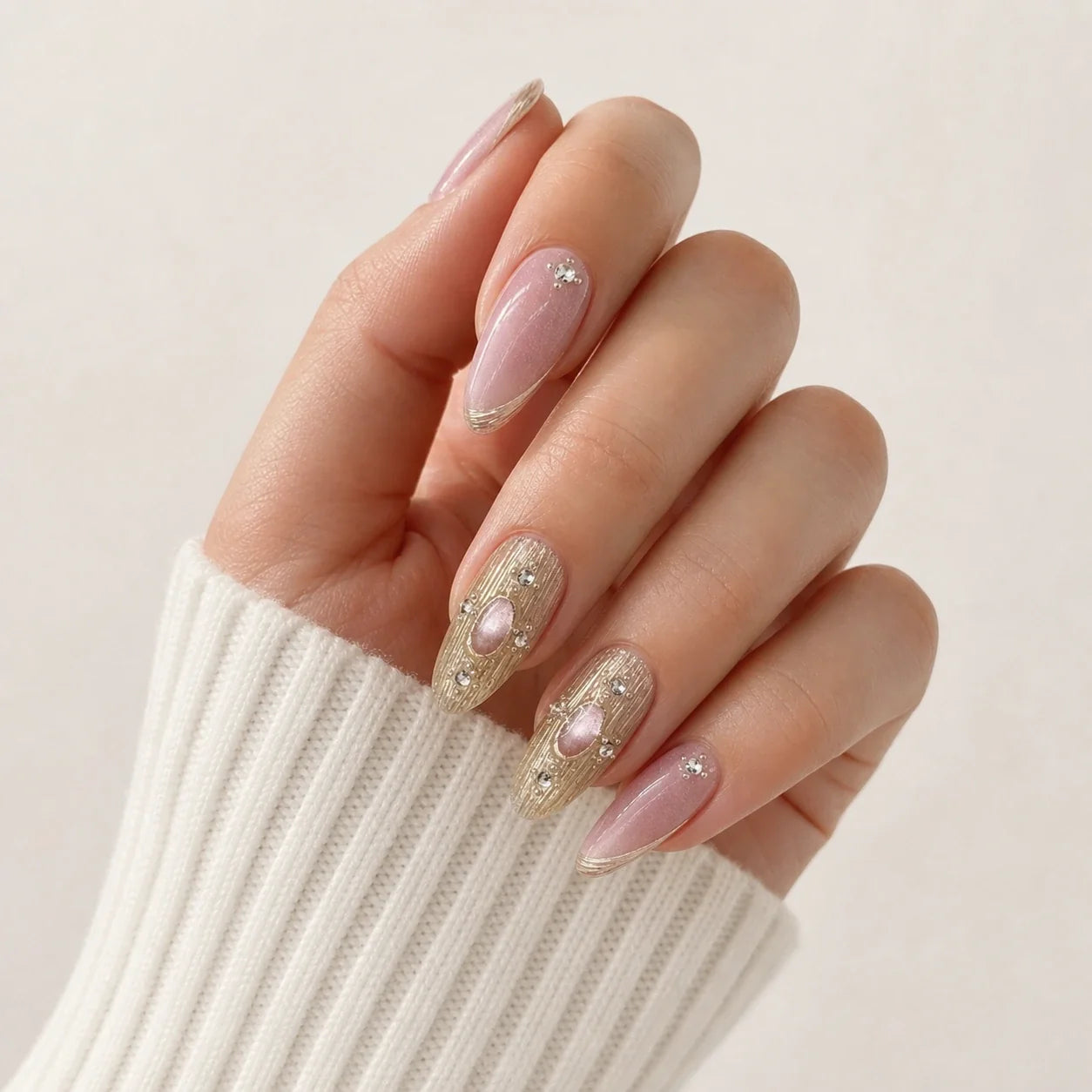 Champagne Oracle cabochon press-on manicure on one softly curled hand