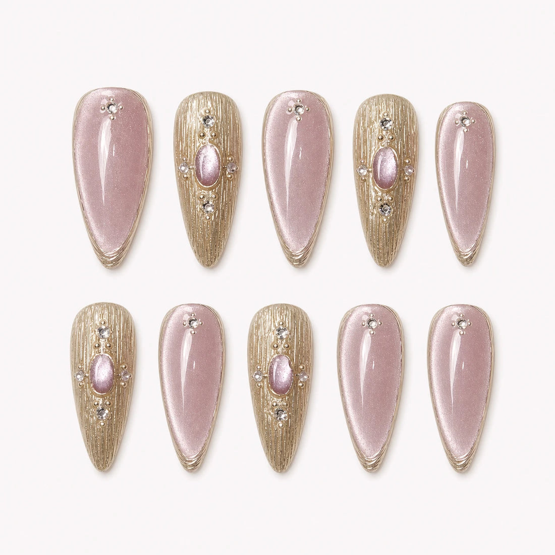 Champagne Oracle dusty blush pink and champagne gold medium almond press-on nails