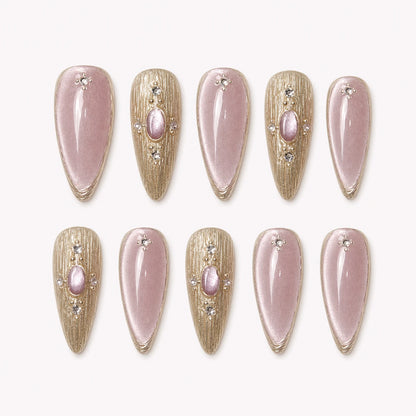 Champagne Oracle dusty blush pink and champagne gold medium almond press-on nails