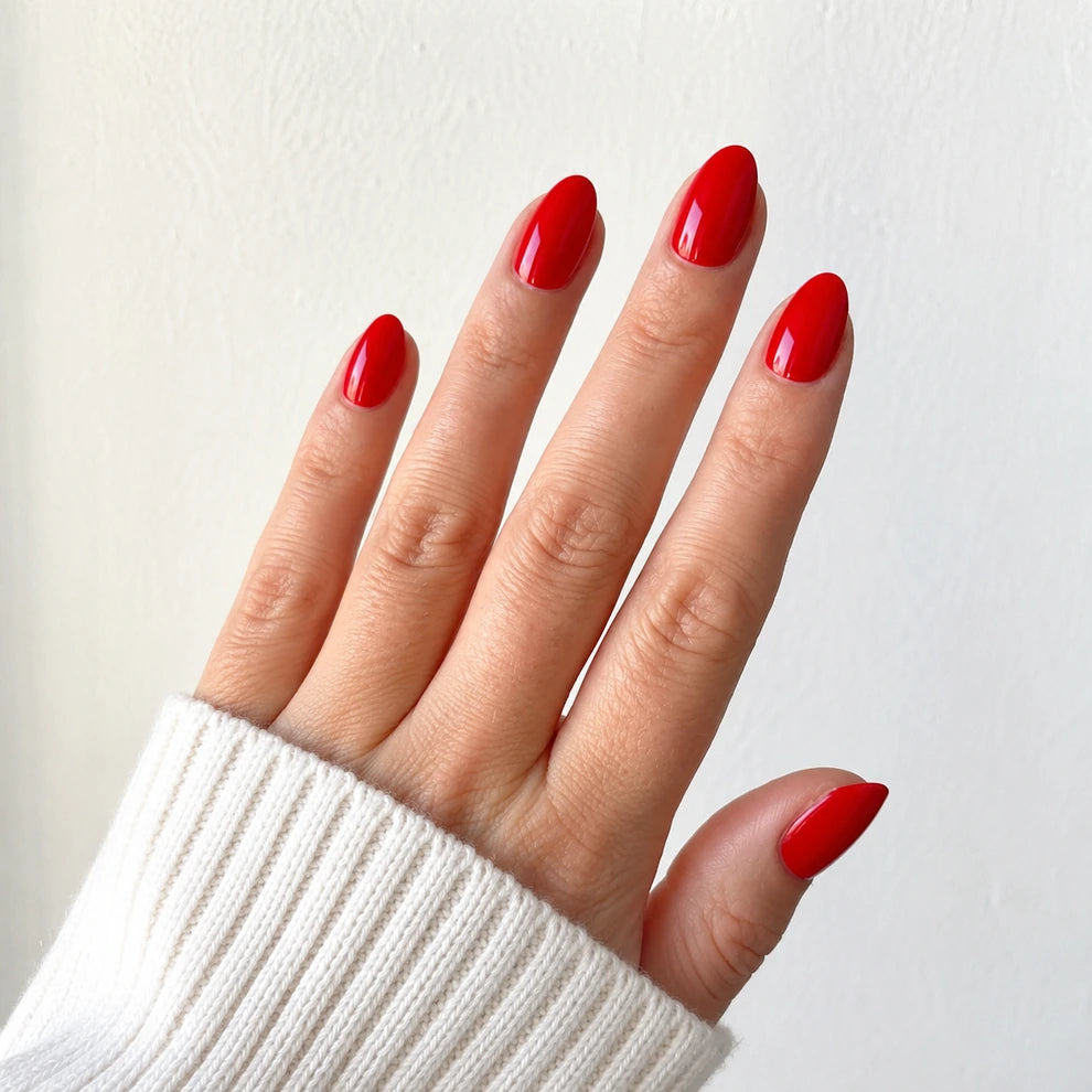 Cherry Lacquer medium almond press-on nails by Matchy Nails