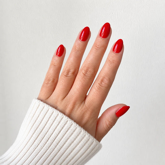 Cherry Lacquer medium almond press-on nails by Matchy Nails