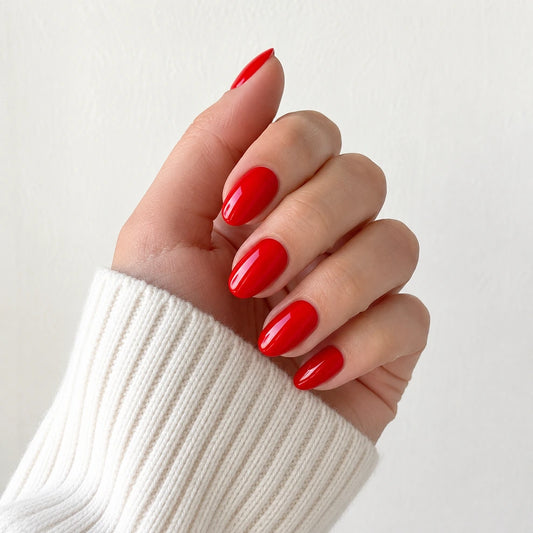 Cherry Lacquer medium almond press-on nails by Matchy Nails