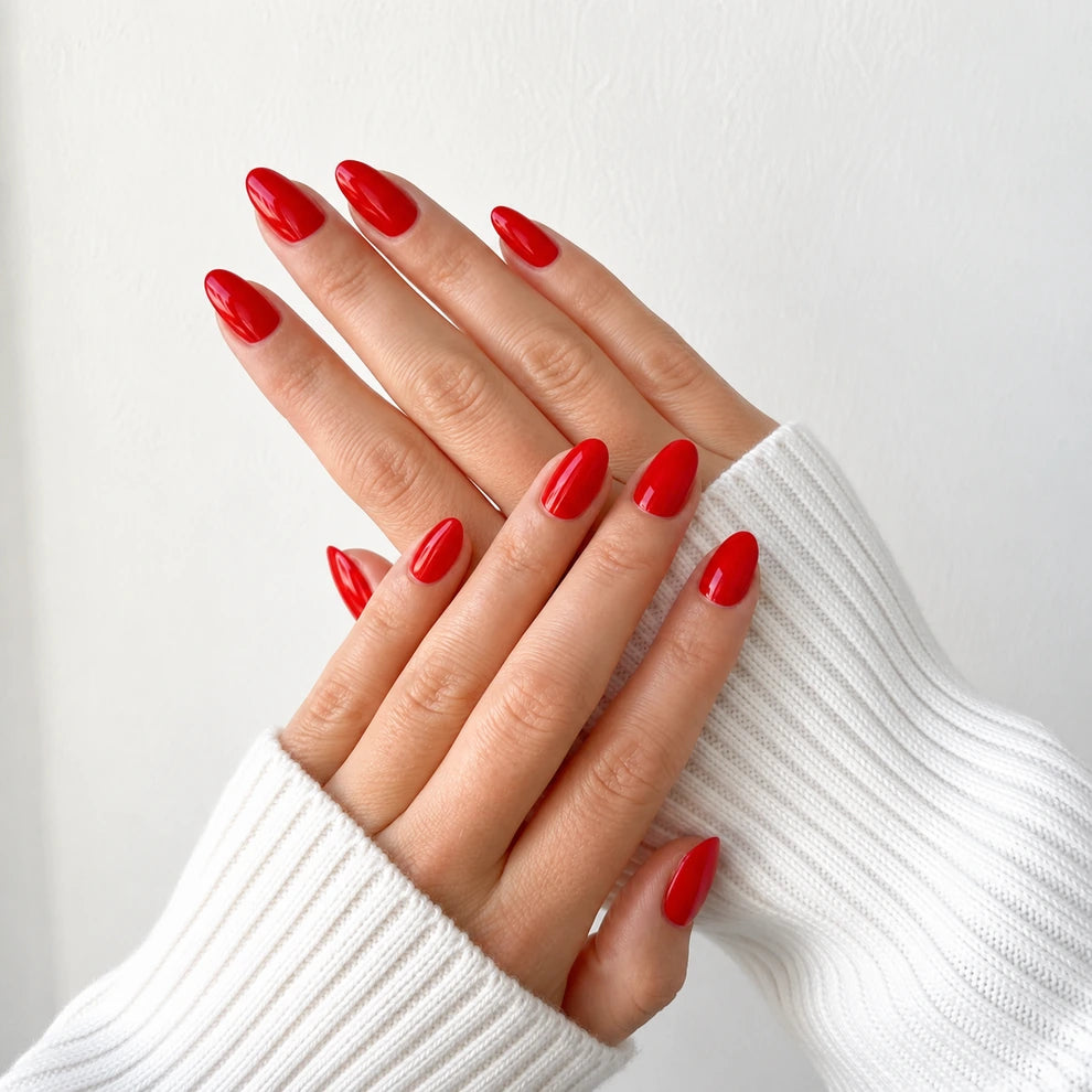 Cherry Lacquer medium almond press-on nails by Matchy Nails