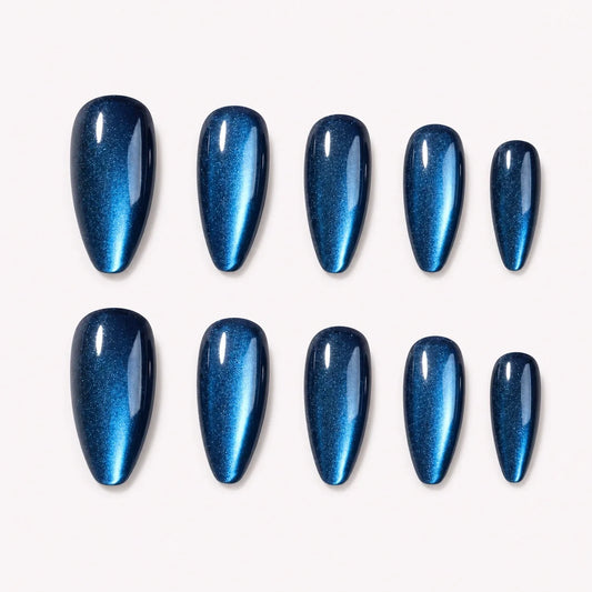 Cobalt Comet blue cat-eye medium almond press-on nails product display