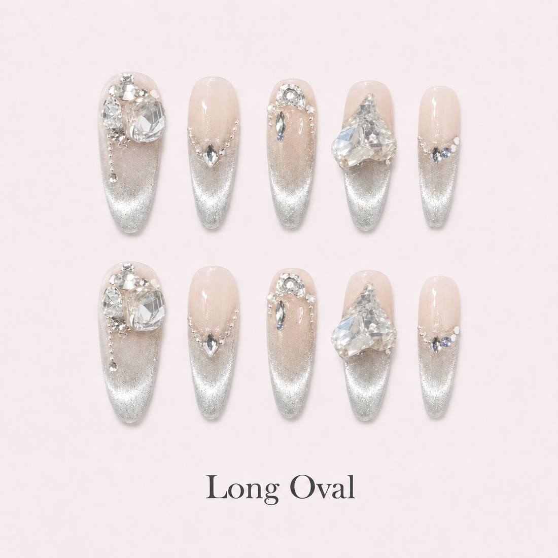 Diamond Haze Long Oval handmade press-on nails with nude silver cat-eye shimmer and crystals