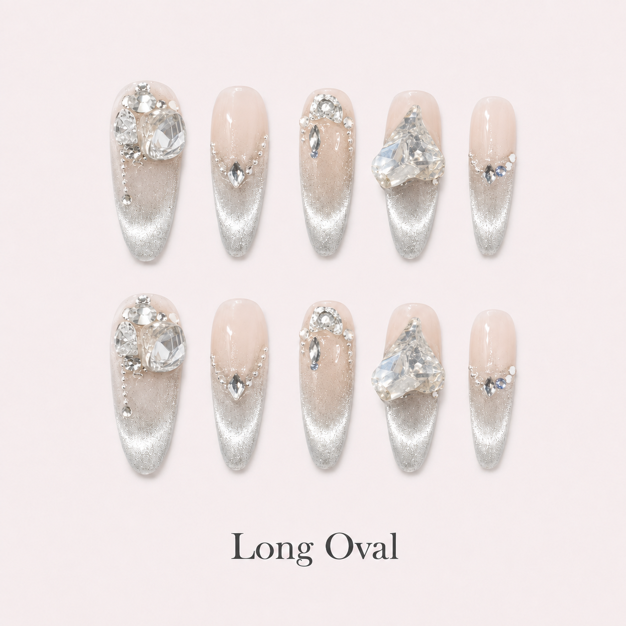Diamond Haze Long Oval handmade press-on nails with nude silver cat-eye shimmer and crystals