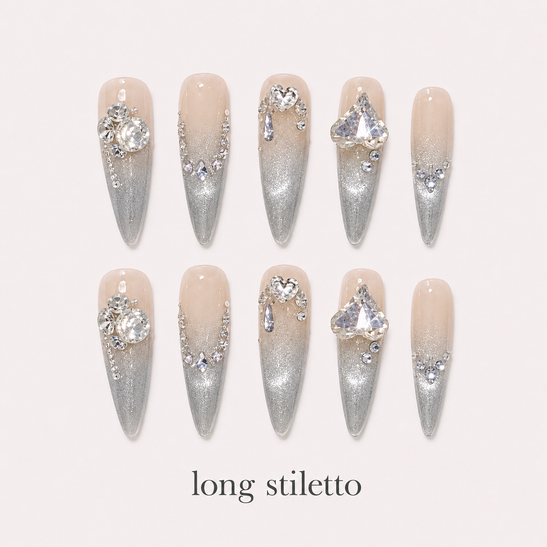 Diamond Haze Long Stiletto handmade press-on nails with nude silver cat-eye shimmer and crystals