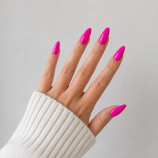 Dragonfruit Crush medium almond pink press-on nails by Matchy Nails