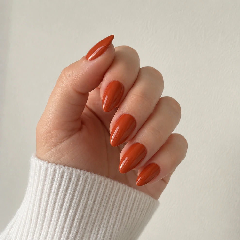 Ember Silk medium almond orange press-on nails by Matchy Nails