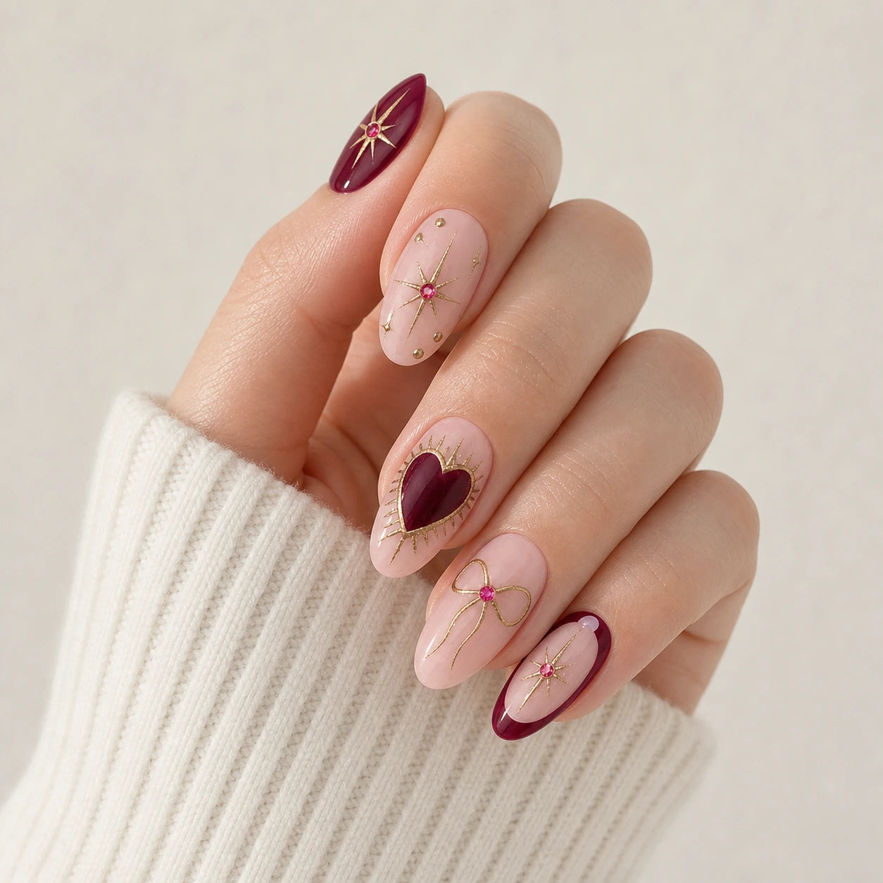 Garnet Wish burgundy blush star bow and heart nails on one curled light-skinned hand