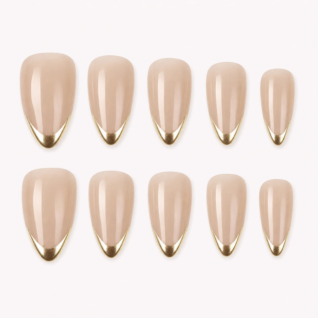 Gilded Whisper nude beige medium almond press-on nails with gold micro-French tips