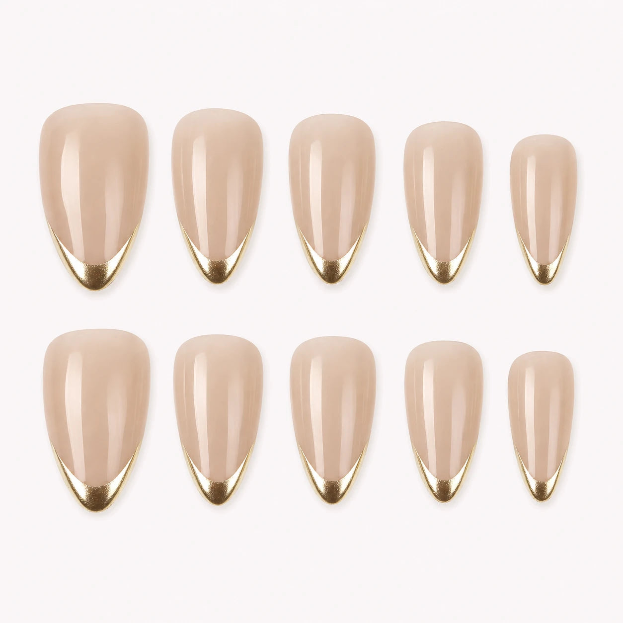 Gilded Whisper nude beige medium almond press-on nails with gold micro-French tips