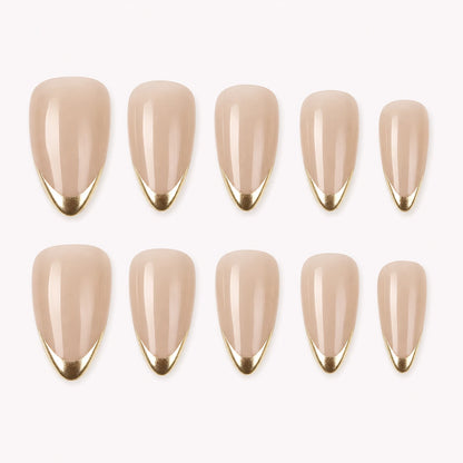 Gilded Whisper nude beige medium almond press-on nails with gold micro-French tips