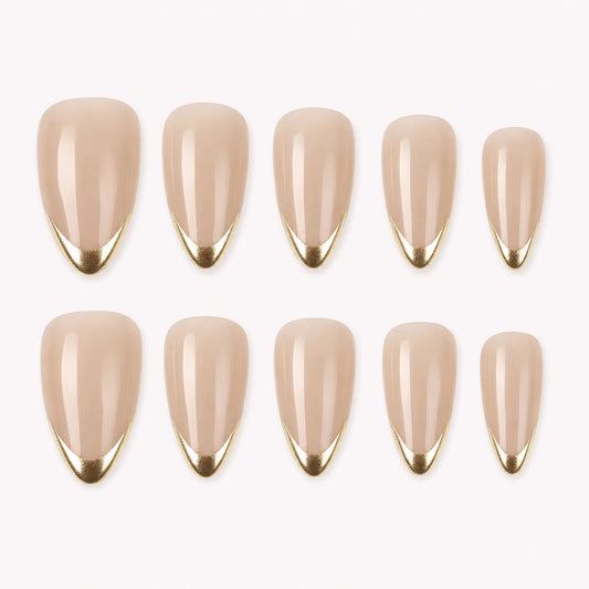Gilded Whisper nude beige medium almond press-on nails with gold micro-French tips