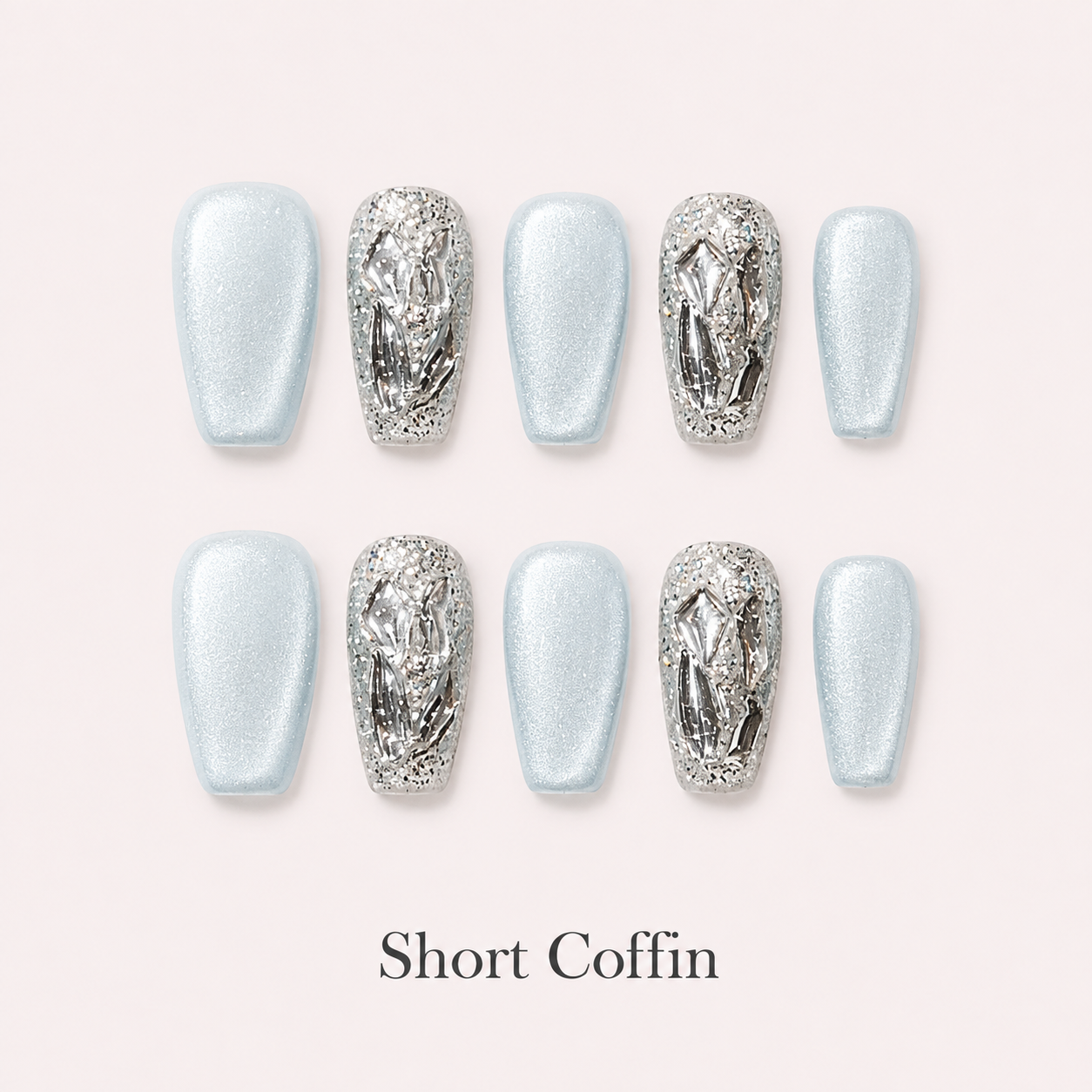 Glacier Prism Short Coffin handmade press-on nails in icy blue with silver mirrored crystal accents