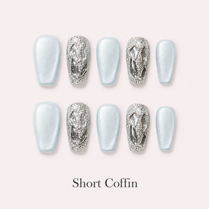 Glacier Prism Short Coffin handmade press-on nails in icy blue with silver mirrored crystal accents