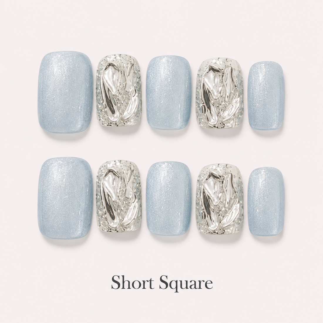 Glacier Prism Short Square handmade press-on nails in icy blue with silver mirrored crystal accents