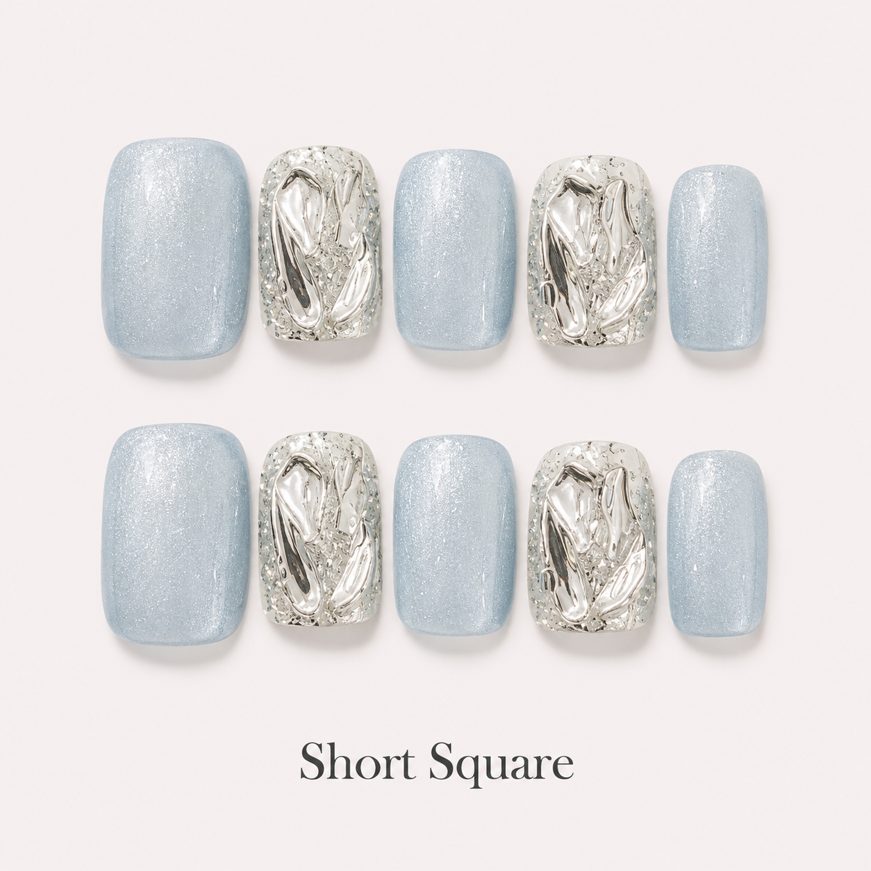 Glacier Prism Short Square handmade press-on nails in icy blue with silver mirrored crystal accents