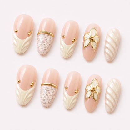 Ivory Brocade nude ivory gold short almond press-on nails with raised flowers