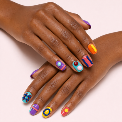 Jelly Switch short square press-on nails in a two-hand editorial view.