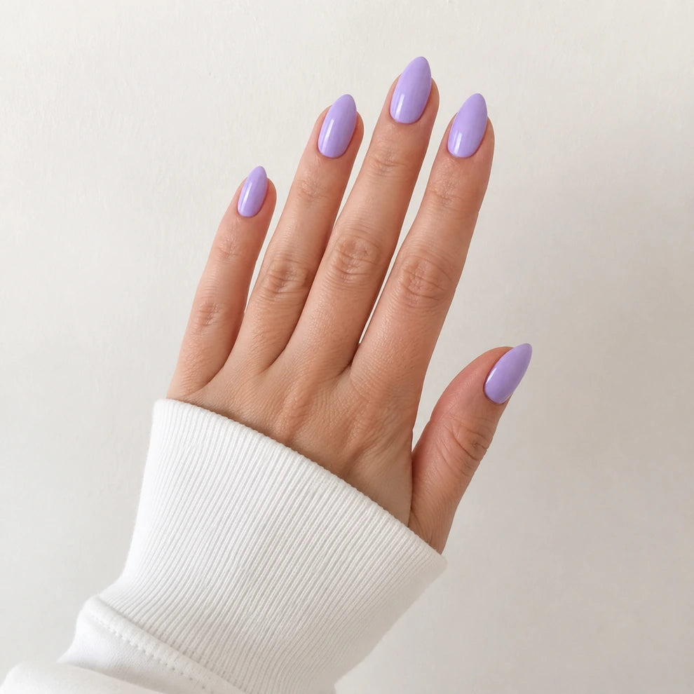 Lilac Veil medium almond purple press-on nails by Matchy Nails