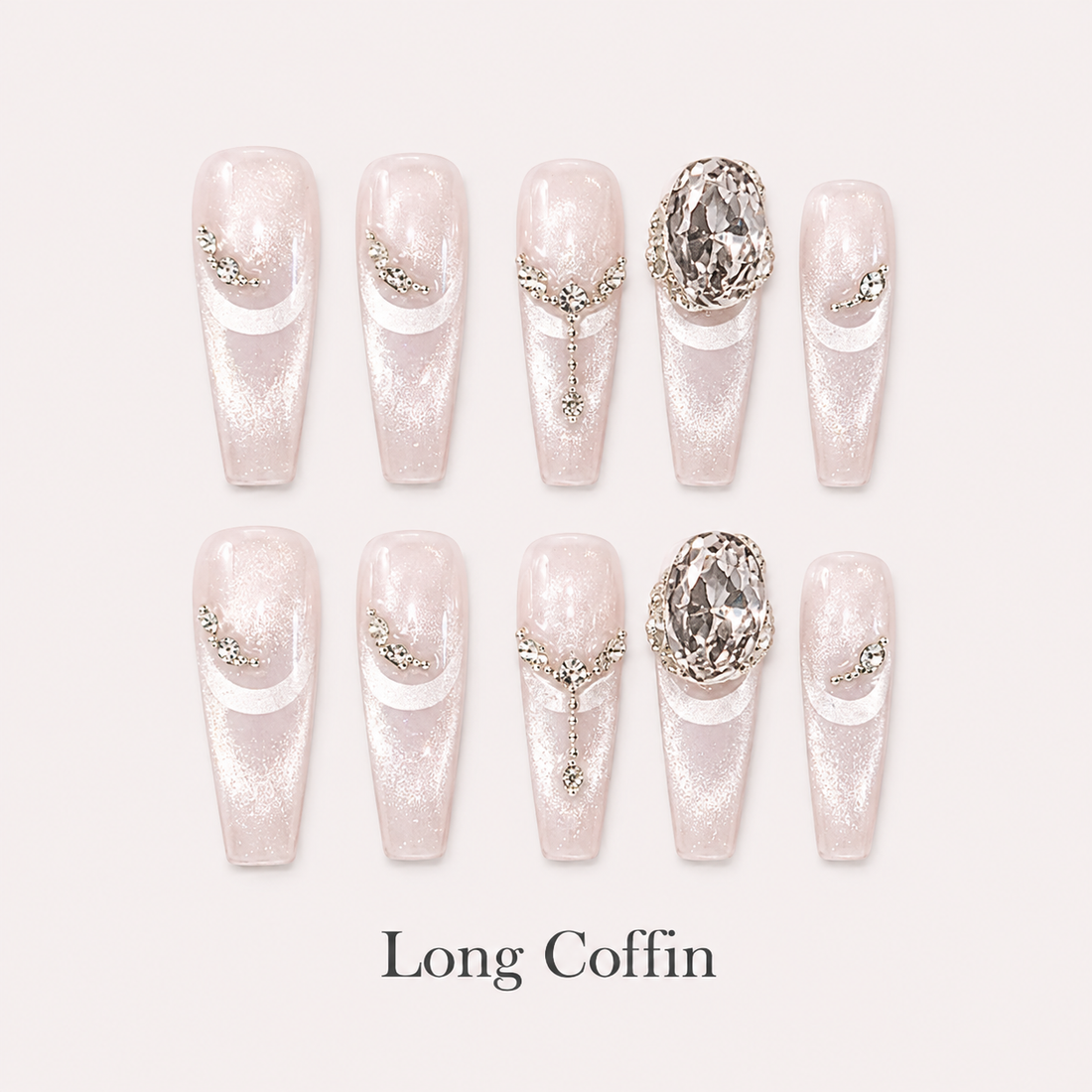 Lustre Locket Long Coffin handmade press-on nails with blush cat-eye shimmer, chains and smoky jewels