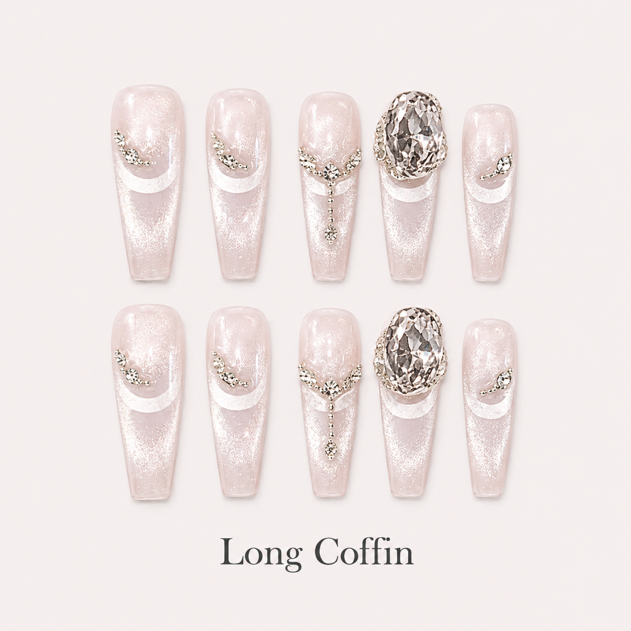 Lustre Locket Long Coffin handmade press-on nails with blush cat-eye shimmer, chains and smoky jewels