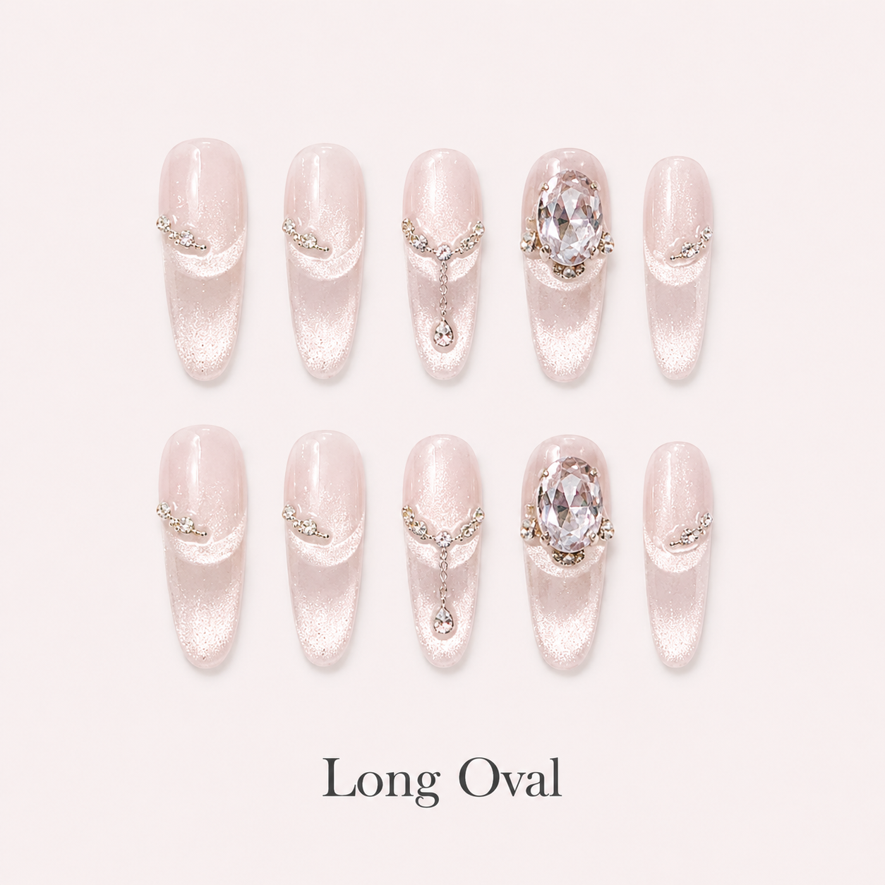 Lustre Locket Long Oval handmade press-on nails with blush cat-eye shimmer, chains and smoky jewels
