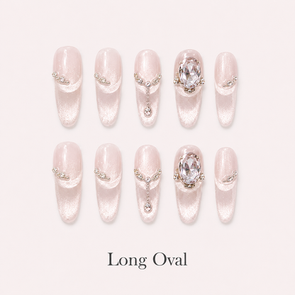Lustre Locket Long Oval handmade press-on nails with blush cat-eye shimmer, chains and smoky jewels
